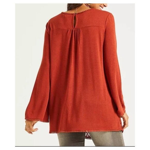 Women's Suzanne Betro Rust Pom Pom Trim Eyelet Lace Tunic Top Sz Large - Picture 3 of 7